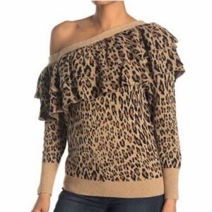 FRAME Leopard Print Off-Shoulder Sweater